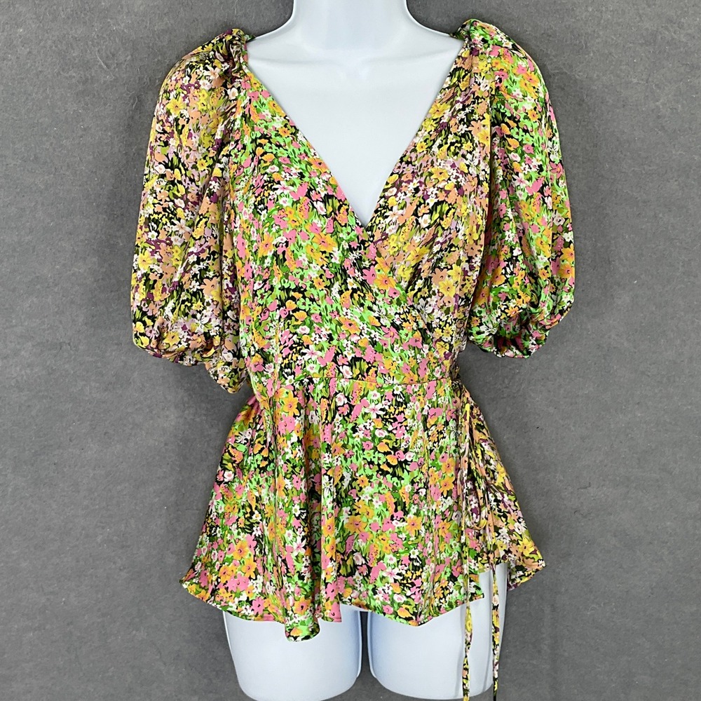Topshop Floral Print Wrap Top Tie Waist Puff Sleeve‎ Fairy Peplum Boho Romantic